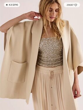 Free People Cream Hooded Open-Front Poncho Cardigan